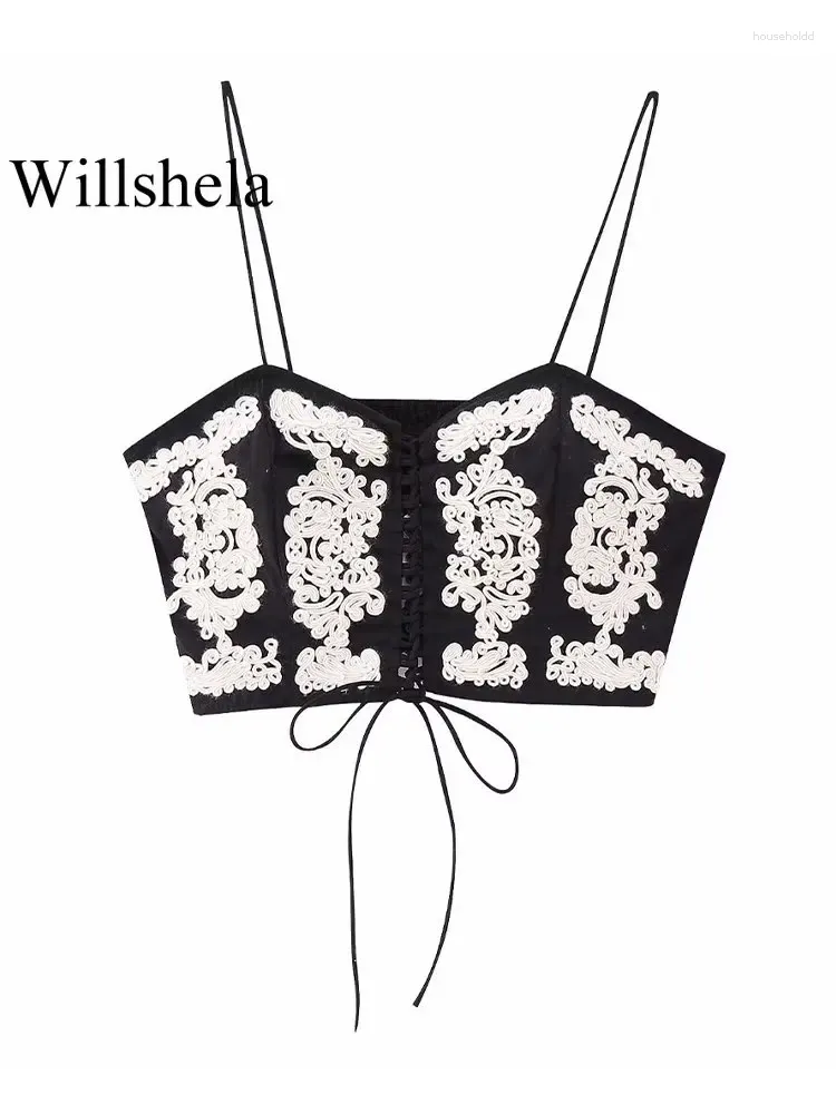 Women's Tanks Willshela Women Fashion Embroidery Lace Up Bandage Camisole Vintage Thin Straps Heater Neck Female Chic Lady Tops