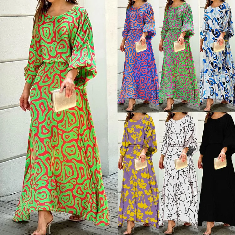 Nieuwe aankomst Europese en Amerikaanse dames losse bloemenprint lange mouwtop en hoge taille halflichaam plus size maxi rok set AST083487