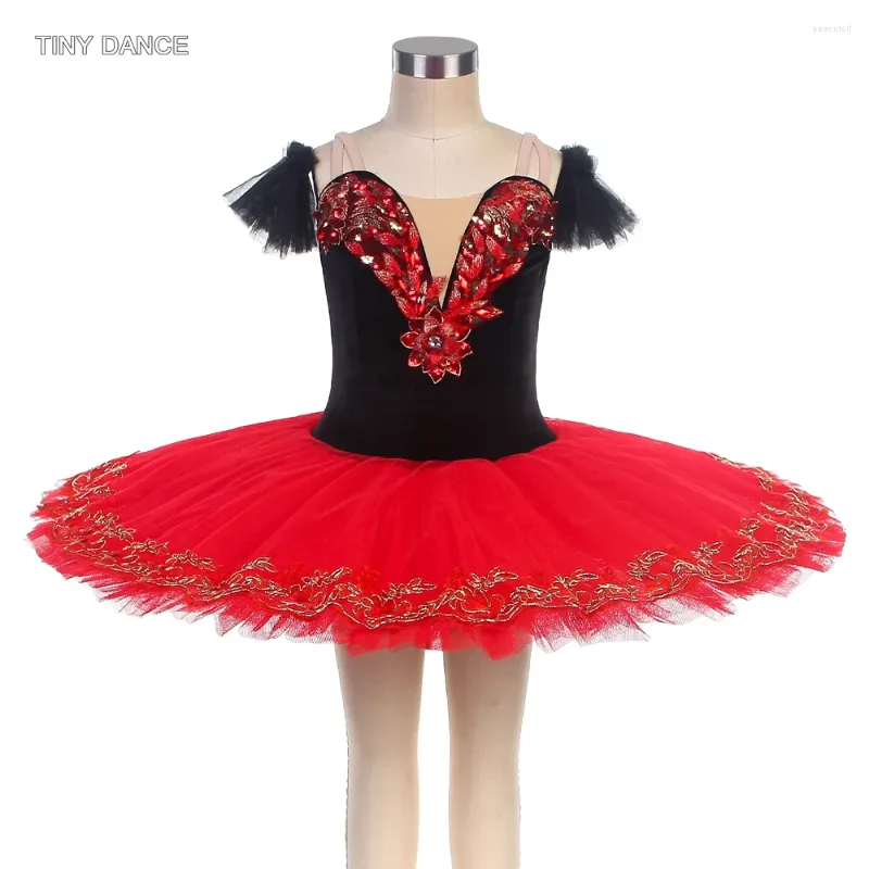 Bühnenkleidung Mädchen Professionelle Balletttanz Tutu Schwarz Samt Mieder mit rotem Pfannkuchenrock Frauen Ballerina Tutus Kleidung