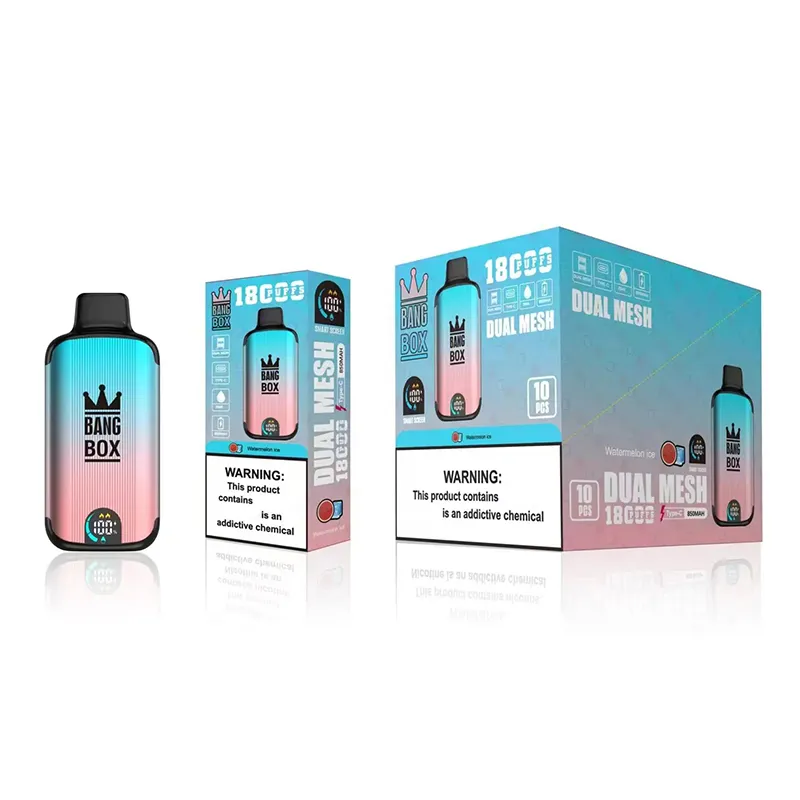 오리지널 뱅 박스 퍼프 18000 일회용 E 담배 18K 퍼프 vape 펜 듀얼 메쉬 코일 충전식 850mAh 배터리 26ml 기화기 스마트 화면