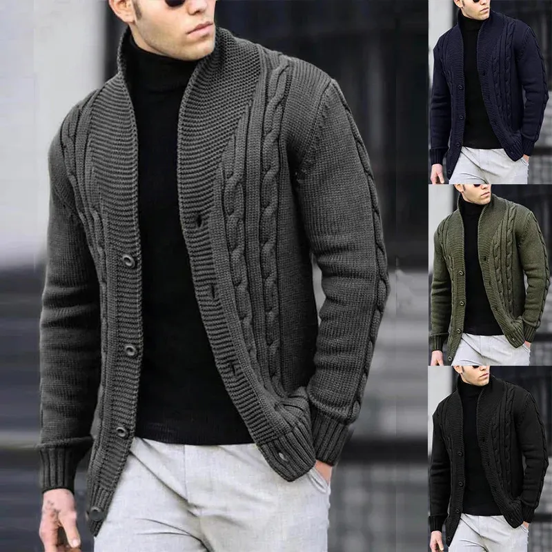 Mens Sticked Twist Cardigan tröja långärmad svart stickad jacka kappa avslappnad stickad höst vinterkläder 240130
