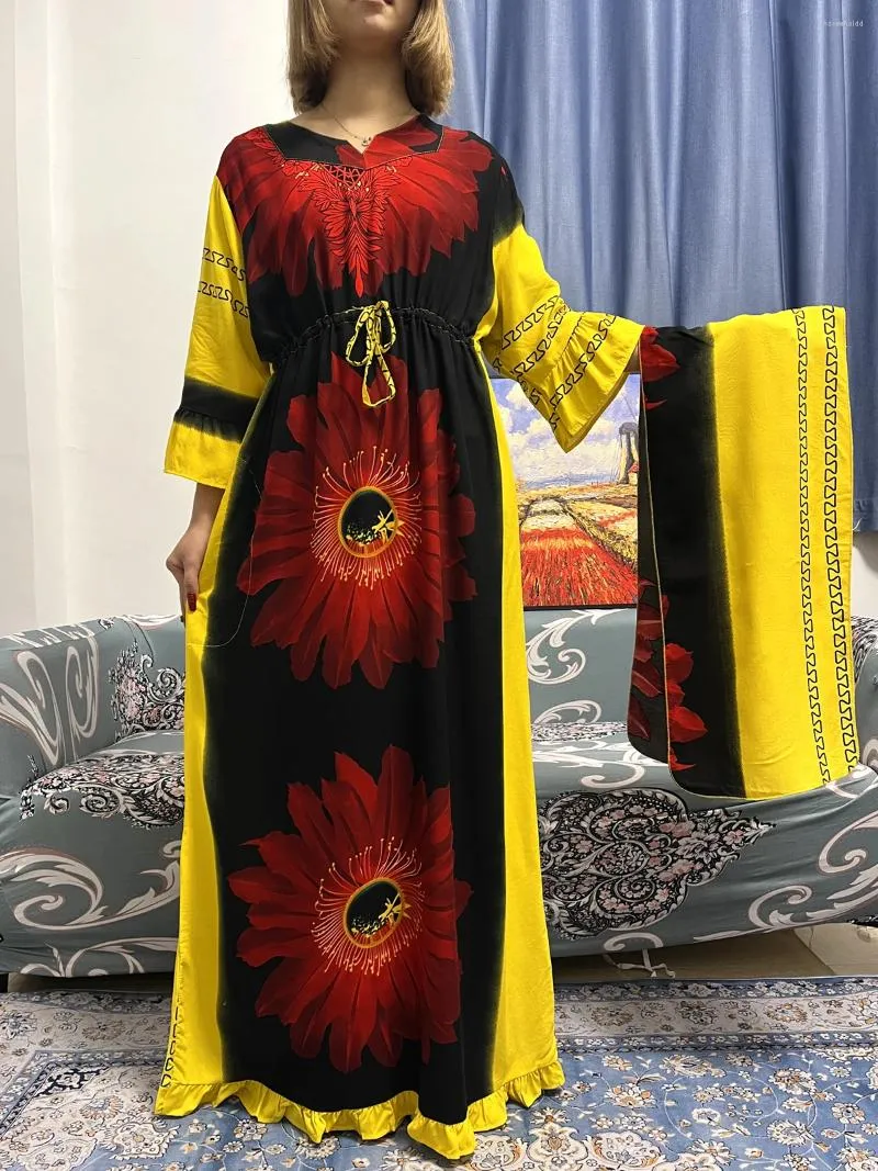 Roupas étnicas Abayas para Mulheres 2024 Moda Muçulmana Floral V-Pescoço Robe Femme Musulmane Islam Africano Algodão Vestido Caftan Marocain com