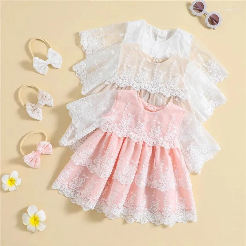 Flickaklänningar 0-4Y TODDLER Kids Girls Dress Flower Spets Half Sleeve Mesh Summer Princess Children Casual With Pannband