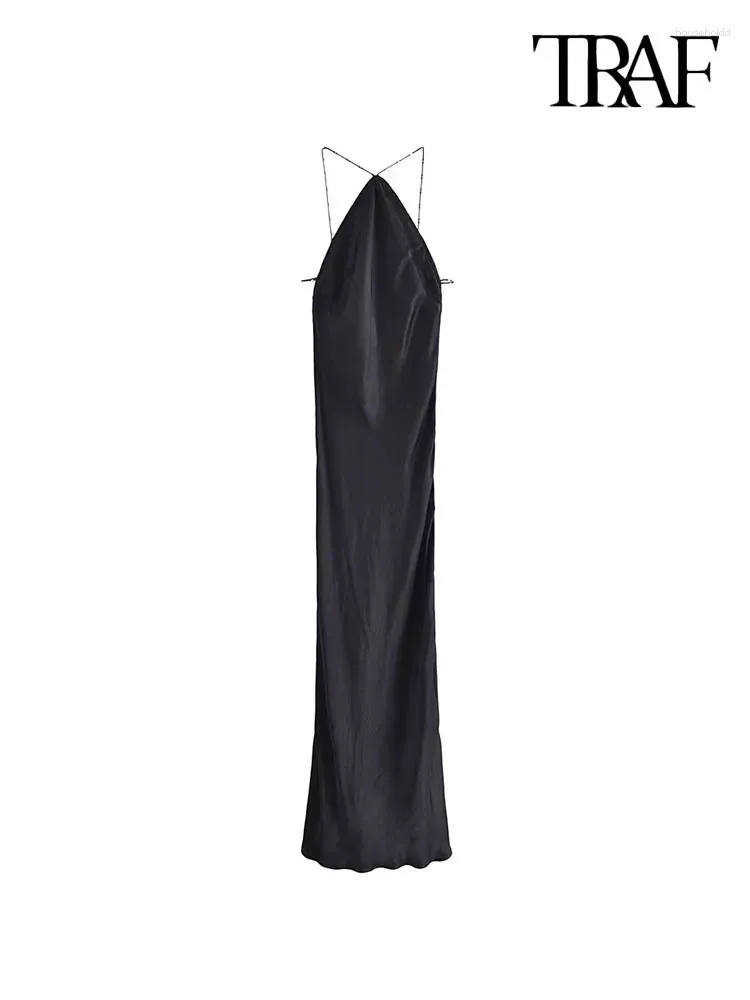 Casual klänningar traf kvinnor mode med pärla halterneck satin midi klänning sexig backless blixtlås tunna remmar kvinnliga vestidos mujer