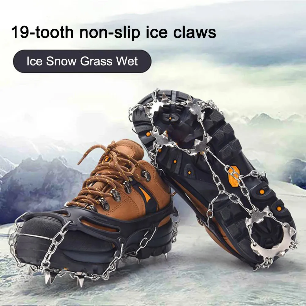 19 tänder bergsklättring med greppkedja spik snö klo sko täcker rostfritt stål unisex promenad vandring tillbehör 240125