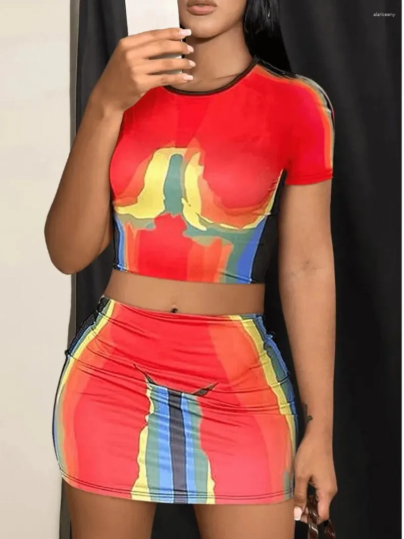 Work Dresses LW Daily Casual Street Graffiti Color Block Multicolor 2pcs Skirt Suit Crew Neck Short Sleeve Crop Top&Mini Stretch Dress