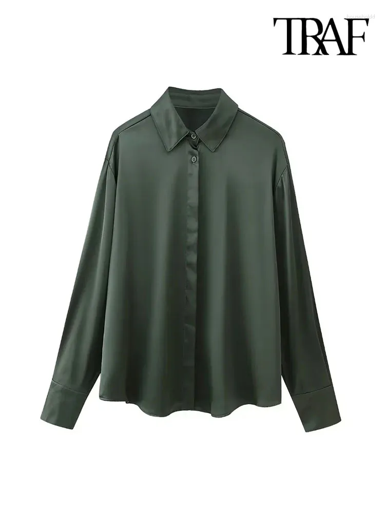 Damesblouses TRAF Damesmode vloeiende satijnen shirts Vintage lange mouwen voorste knop Vrouwelijke Blusas Chic Tops