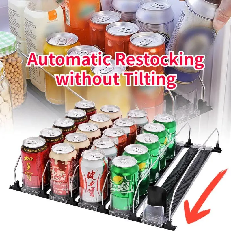 家庭用冷蔵庫用のキッチンストレージ自動飲料トレイabs缶詰プッシュラックドリンクオーガナイザー調整可能