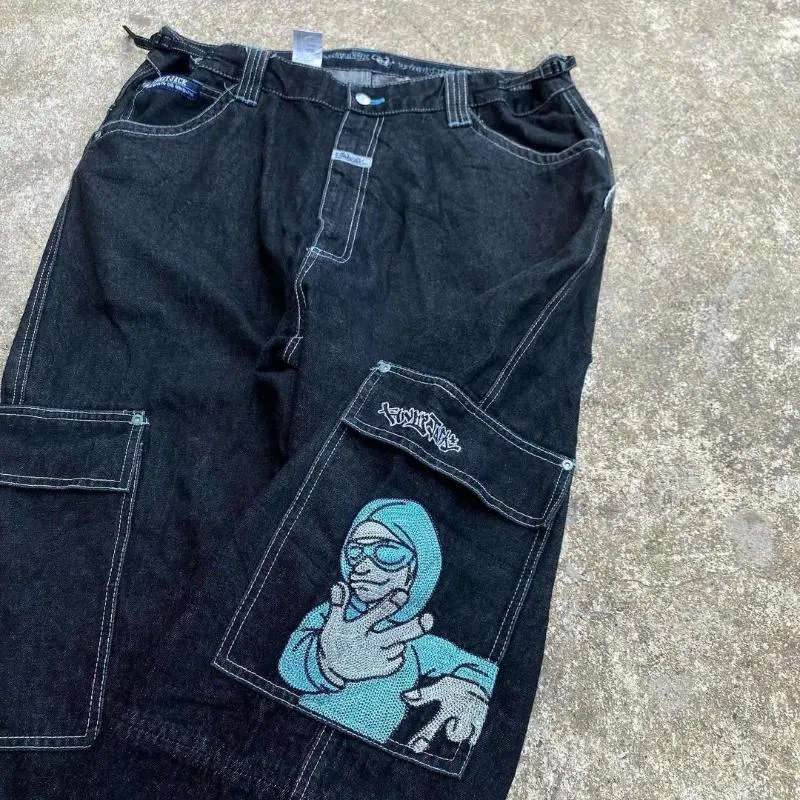 Jeans masculinos americanos y2k homens harajuku hip hop rapper padrão grandes bolsos preto vintage solto gótico calças de cintura alta