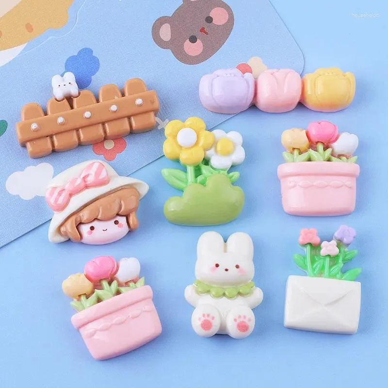 Decorative Figurines 100pcs Kawaii Flatback Resin Rabbit Fence Potted Flower Garden Decoration Crafts Scrapbooking DIY Accessories