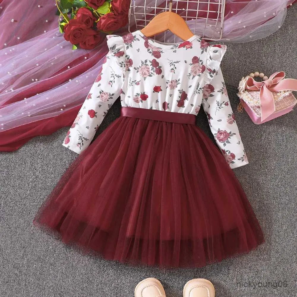 Girl's Dresses New Girls Spring and Autumn Flying Sleeves Long Sleeve Printed Mesh Dress for Primary and Secondary School Children