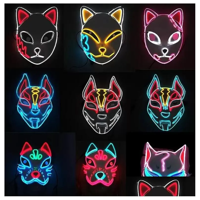 Maschere per feste Demon Slayer Maschera El Wire incandescente Kimetsu No Yaiba Personaggi Accessori per costumi cosplay Volpe giapponese Halloween Led Drop Dhzik