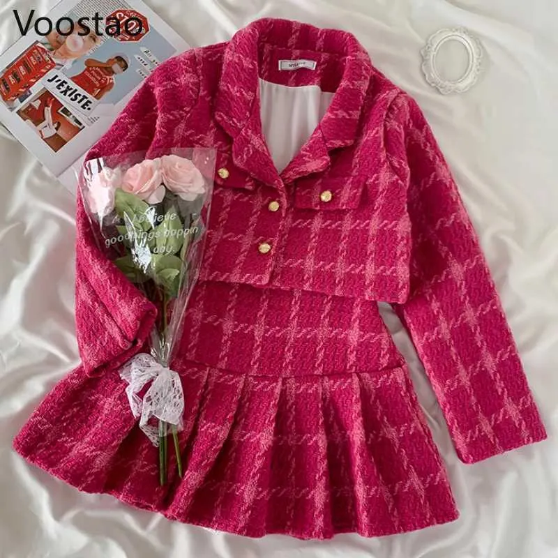 Two Piece Dress Spring and Autumn Sweet 2-piece Elegant Womens V-neck Plain Top jacket Mini pleated dress Korean girl fashion Y2K set J240202