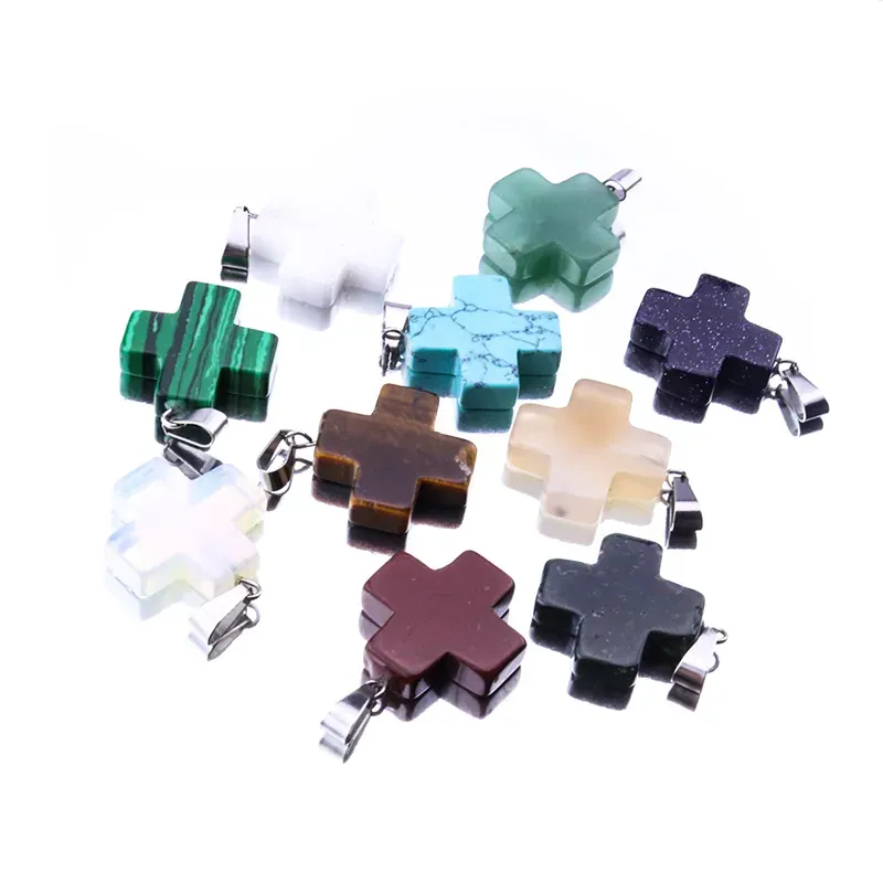 Fashion Natural Stone Crystal Cross Heart Hexagonal Prism Chakra Healing Pendants Charms For Women Crystal Pendant Necklace Accessories