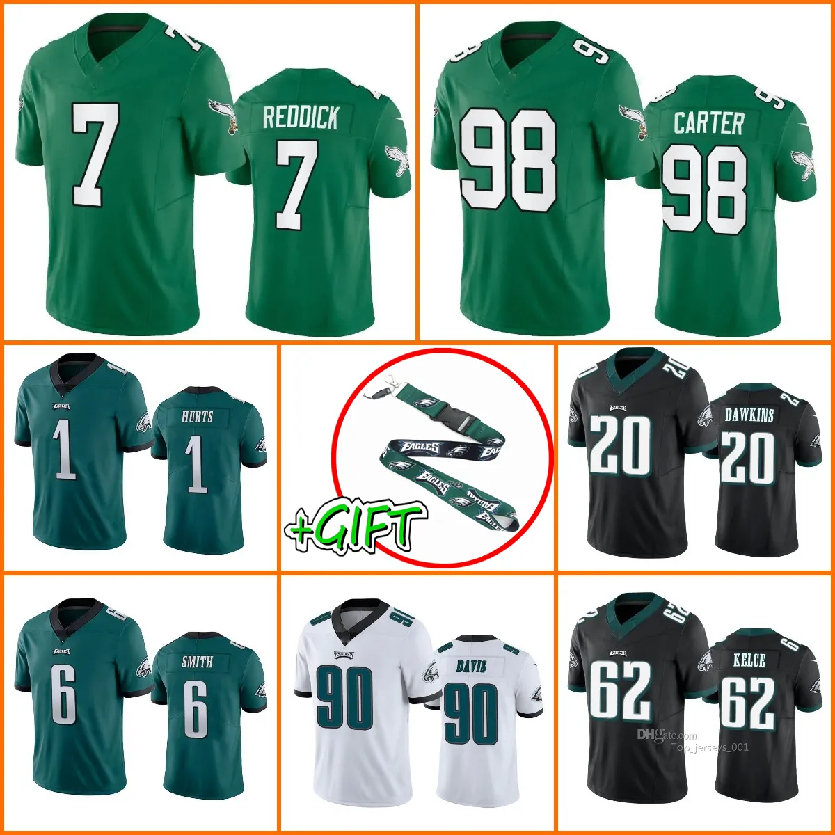 Custom Football Jerseys Philadelphia''Eagles''Men 98 Jalen Carter 11 AJ Brown 6 DeVonta Smith 1 Jalen Hurts 62 Jason Kelce 2 Darius Slay Jr. 20 Brian Dawkins Women Jersey