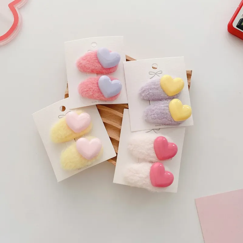 Hair Accessories 2pcs Korean Plush Heart Clips Candy Color Children Mini Headwear Girls Kids