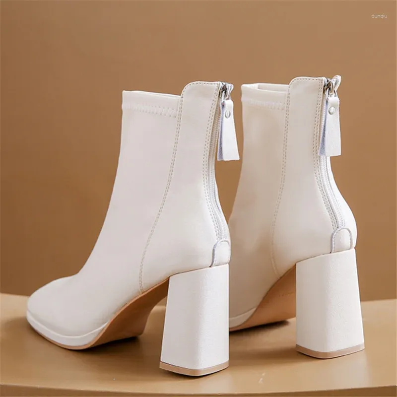 8.5cm Block High Square Women Heels Boots Ankle White Platform Lady Soft Leather Zipper Short Botines Winter Shoes 71 31