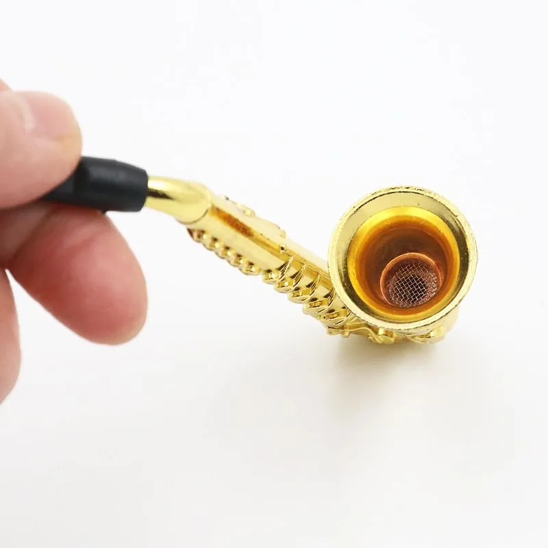 New Arrivals Mini smoking pipe Saxophone Trumpet Shape Metal Zinc Alloy Tobacco Dry Herb Pipes With Screens Novelty Gift Individual Package