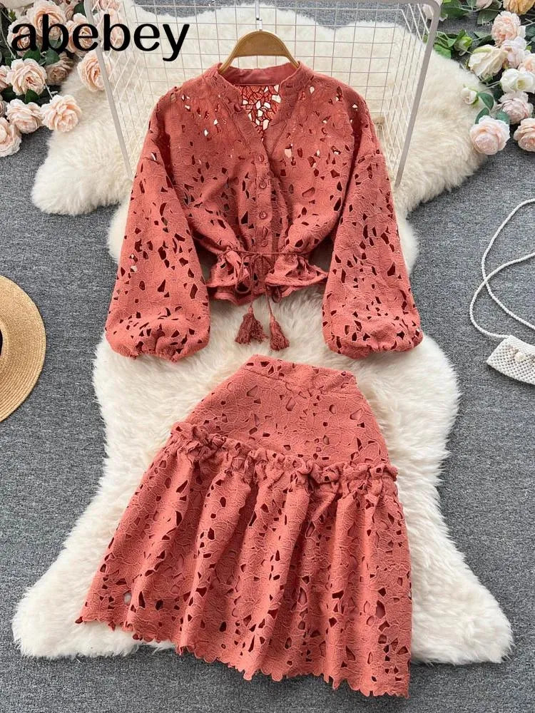 Work Dresses Autumn Vintage Women Two Piece Set Elegant Hollow Out Puff Sleeve Single Breasted Short Blouse High Waist A-Line Mini Skirt
