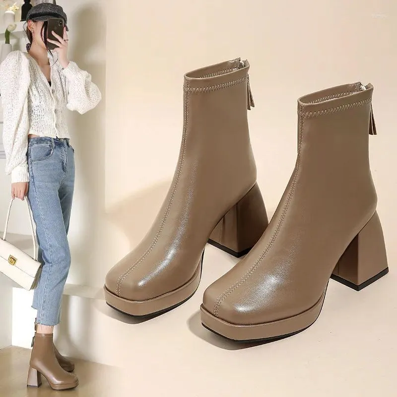 Heels for Boots High Fashion Chunky Women Ankle Platform Stretch Fabric Square Toe White Sole Zipper Young Lady Booties 2024 274 Platm