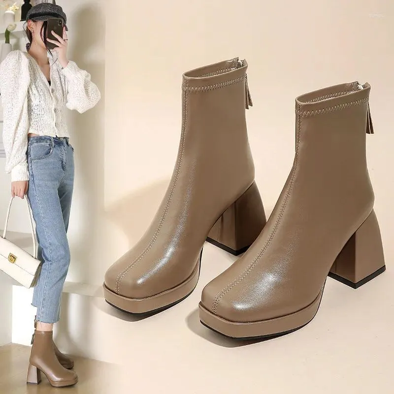 För chunky stövlar High Fashion Heels Women Ankle Platform Stretch Fabric Square Toe White Sole blixtlås Young Lady Booties 2024 157 Platm