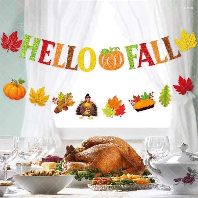 زخرفة الحفلات الخريف Hello Fall Flag Banner Harvest Festival عيد الشكر عائلة القرع معلقة Garla