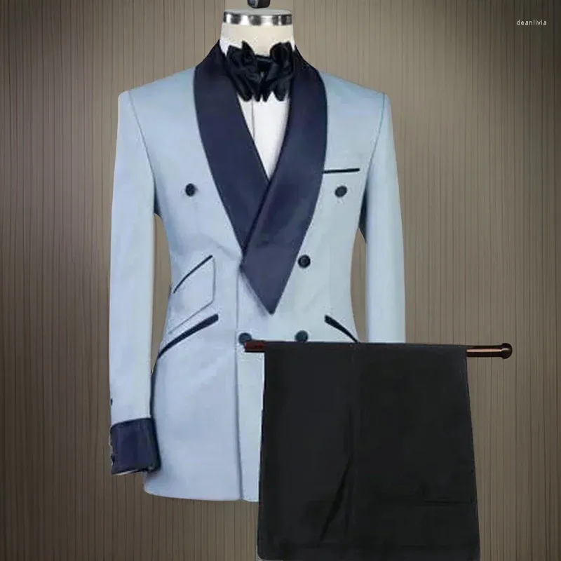 Costumes pour hommes, coupe cintrée, bleu clair, veste Double boutonnage avec pantalon, châle bleu marine, costume de smoking de mariage personnalisé, 2024