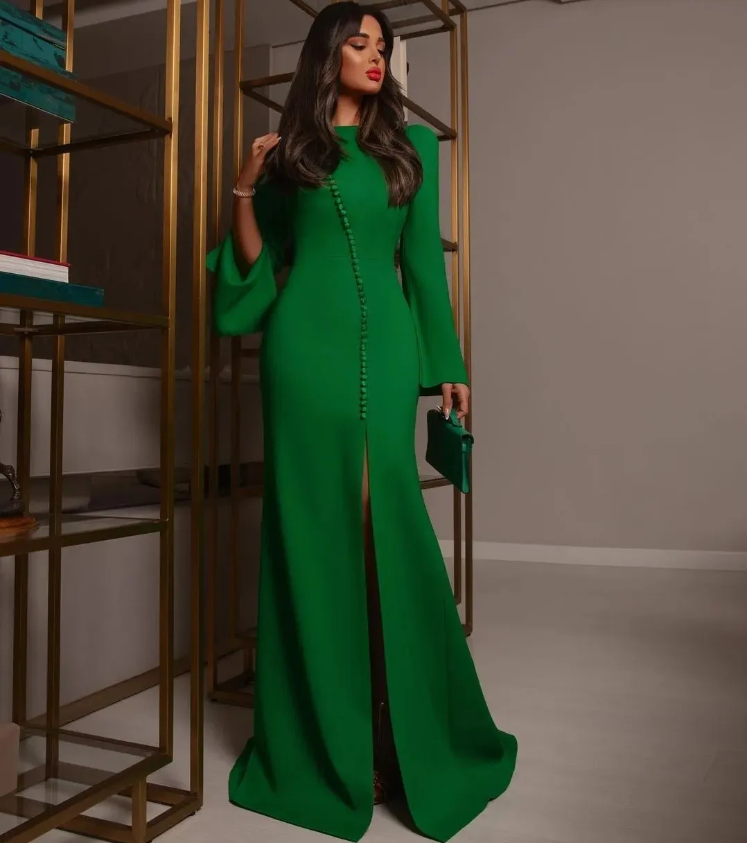Nuovo abito da ballo verde sirena maniche lunghe lunghezza pavimento Arabia Saudita abiti da sera formali Robe De Soiree arabo Dubai