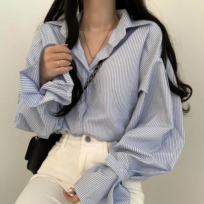 Women's Blouses Spring Autumn All-match Striped Shirt Tops Polo Neck Long Sleeve Youth Korean Blouse Academy Style Fashion Women Clothing