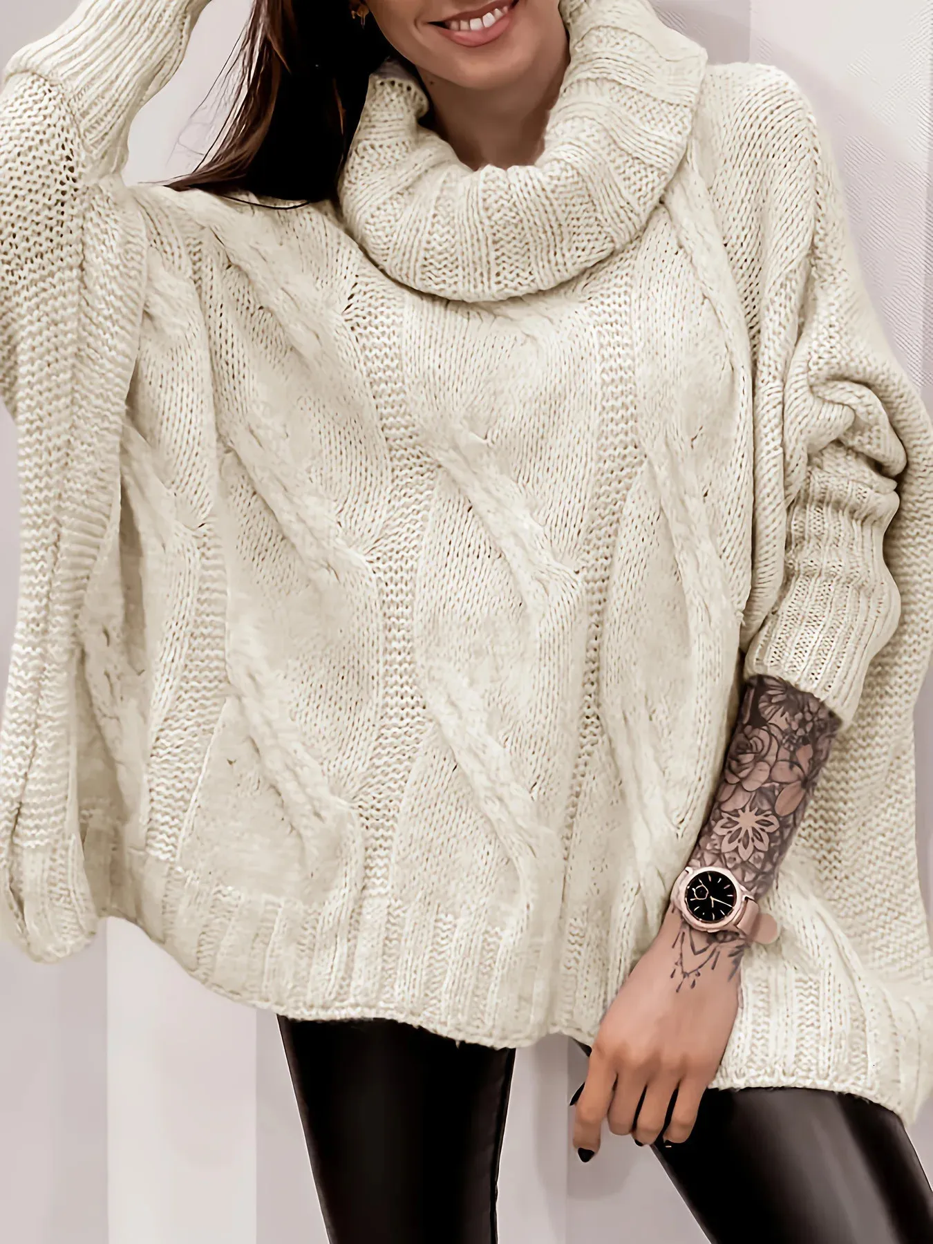 Autumn Winter Plus Size Casual Sweater Womens Long Sleeve Off White Turtle Neck Overdized Pullover Jumper Tops 240202