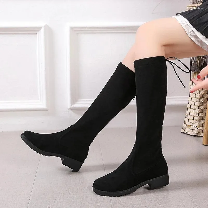 Boots Plus Size Shoes Female 2024 Winter Women's Knee-High Back Lace-up Modern Women Round Toe Low Heel Ladies