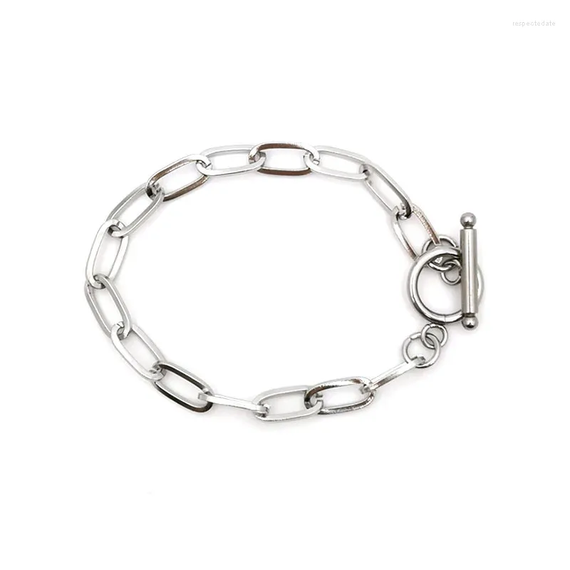 Braccialetti a maglie Moda OT Fibbia Filo piatto lungo Bracciale in acciaio inossidabile al titanio Catena Hip Hop Semplice