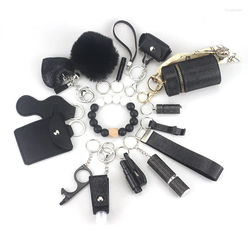 Keychains 15pcs/set Daily Safety Keychain Kit With Self-defense Alarm Fur Ball Pendant And Stroage Bags For Women