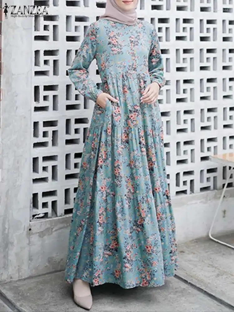 Ethnische Kleidung 2024 ZANZEA Frauen Bohemian Floral Gedruckt Sommerkleid Herbst Langarm Muslimischen Dubai Türkei Abaya Hijab Kleid Islamischen