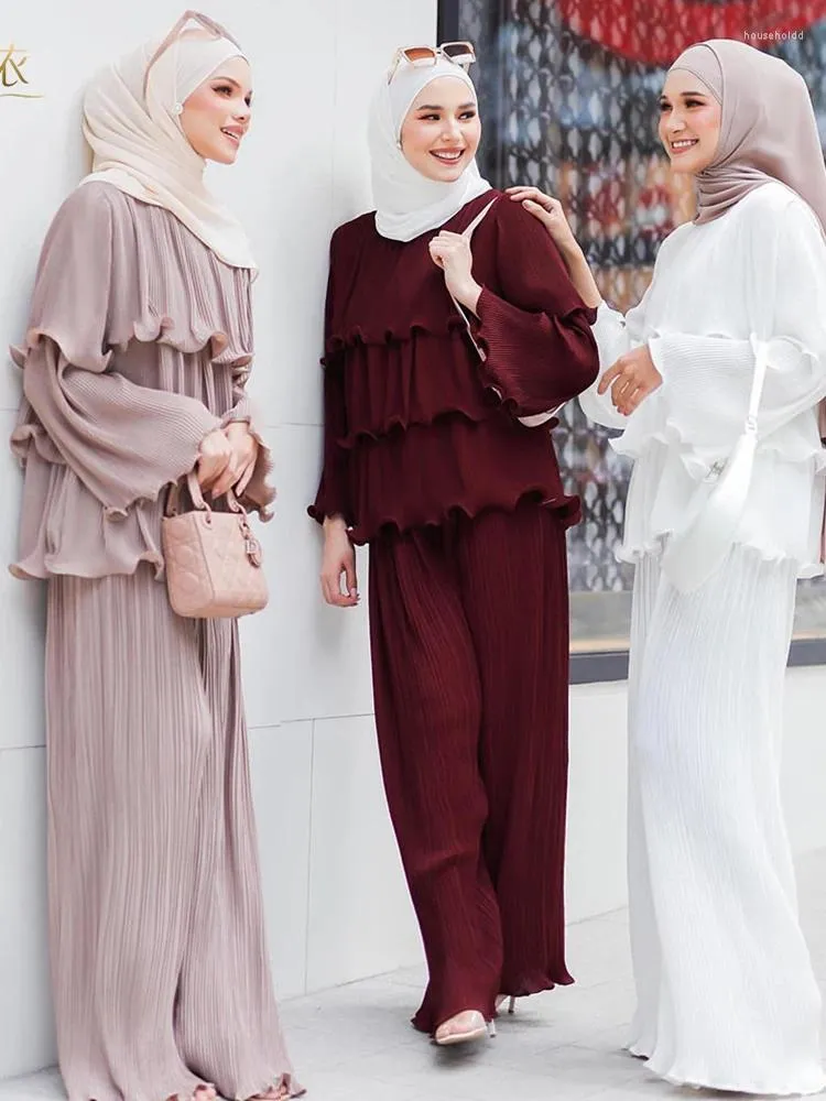 Ethnic Clothing Turkey Dubai Muslim Ruffle 2 Piece Set Women Top Pant Miyake Pleated Kaftan Abaya Dresses Morocco Robe Femme Musulmane