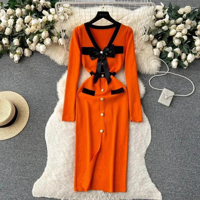 Casual Dresses Hikigawa Bow Patchwork Contrast Color Causal Women Dress All Match V Neck Sexig Chic Fashion Elegant Vestido de Mujer