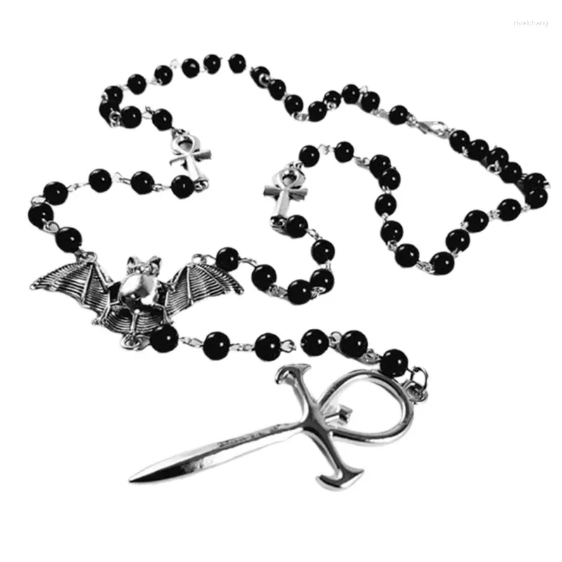 Goth Necklaces Trendy Punk Vampire Jewelry Black Bead Ankh Rosary