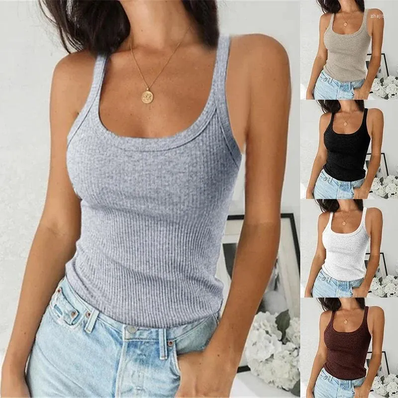 Women's Tanks 2024 Summer Spagetti Straps Tank Top Women Sexy Basic T Shirt Sleeveless Round Neck Ribbed Knitted Vest Woman Casual Corset