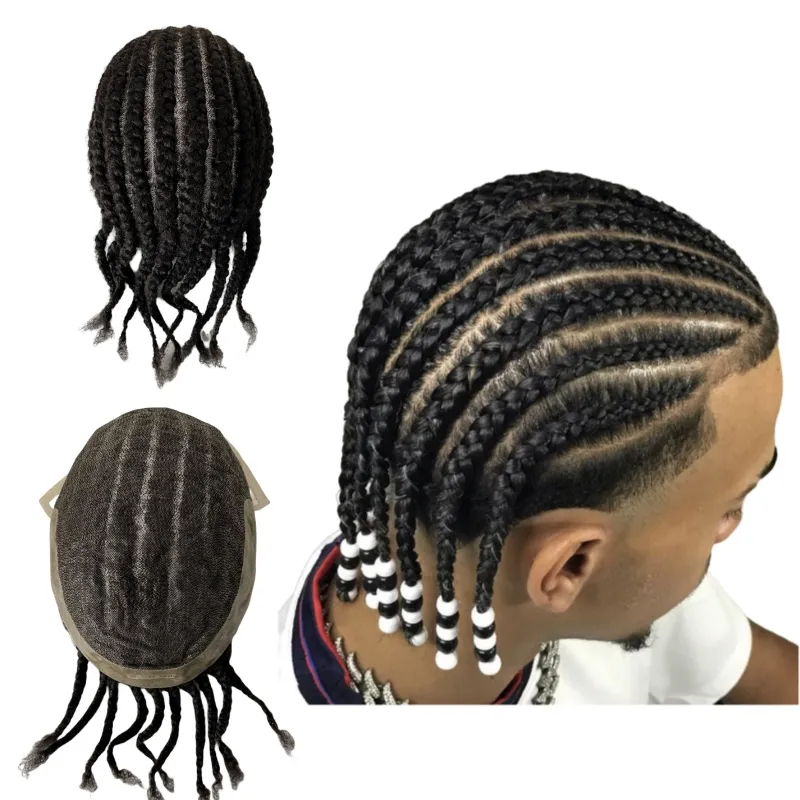 Indian Virgin Human Hair Replacement 1B# Black Afro Cornrow flätor 8x10 OCT Hållbar spets med Pu Toupee Male Unit för svarta män
