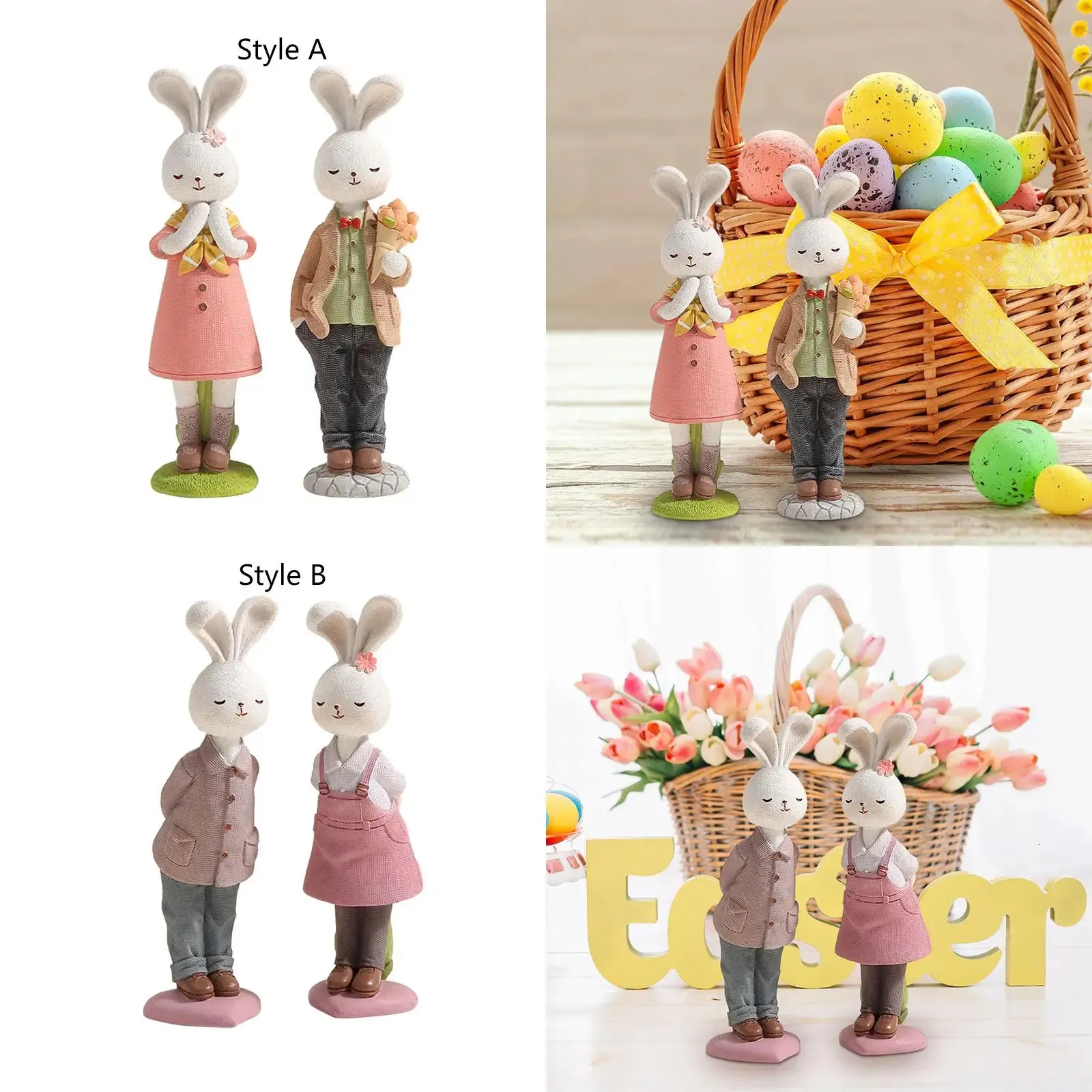 2x Easter Couple Bunny Figurines Easter Decoration Cartoon Cute Creative Ornament for Office Table Porch Cabinet Balcony