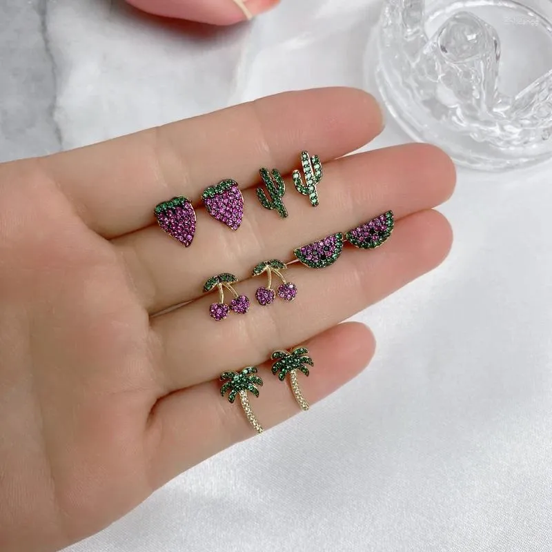 Stud Earrings Wholesale Women Chic Jewelry Micro Paved Purple Zircon Earring Strawberry Cherry Gold Plated Fashion