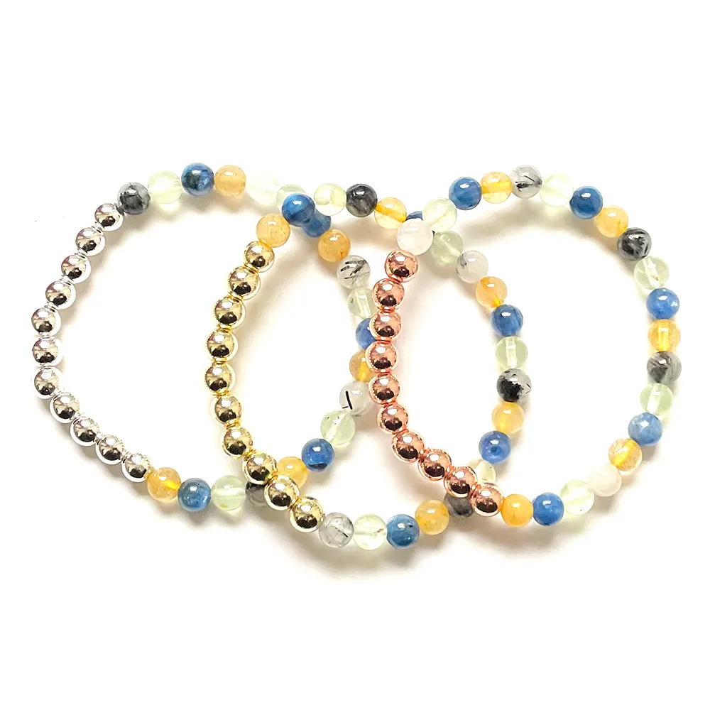 MG2037 Novo Design 6 MM Azul Kyanite Prehnite Preto Rutilo Quartzo Amarelo Cristal Pulseira Mulheres Cooper Beads Yoga Pulso Mala