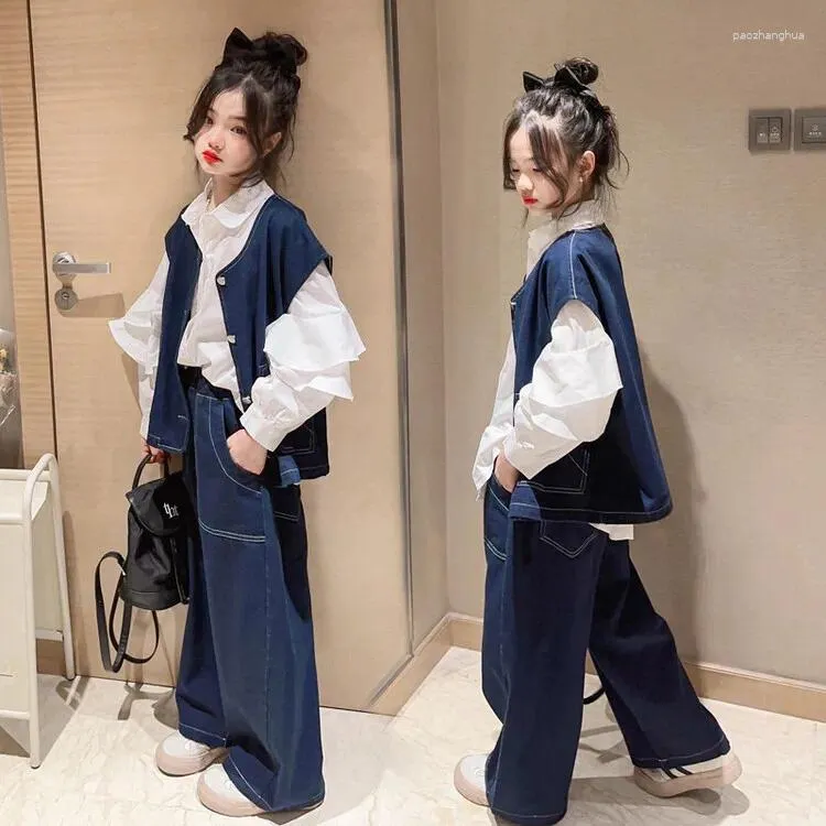 Clothing Sets 10 12 14 15 Teenage Girls Clothes Suit Spring Childrens Denim Vest Wide Leg Pants 2pcs Kids Set Children Outfit