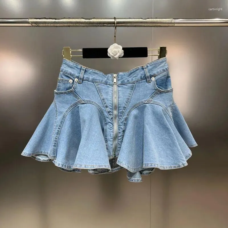 Saias prepomp 2024 primavera coleção babados retalhos estiramento azul curto denim saia mulheres gp326