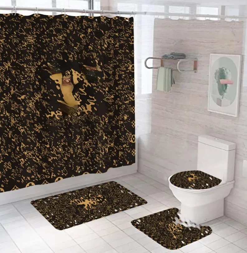 Cortinas de chuveiro de designer simples impressas cortina de chuveiro tapete de chão combinação de três peças conjunto de tapete de banheiro à prova d'água e à prova de umidade