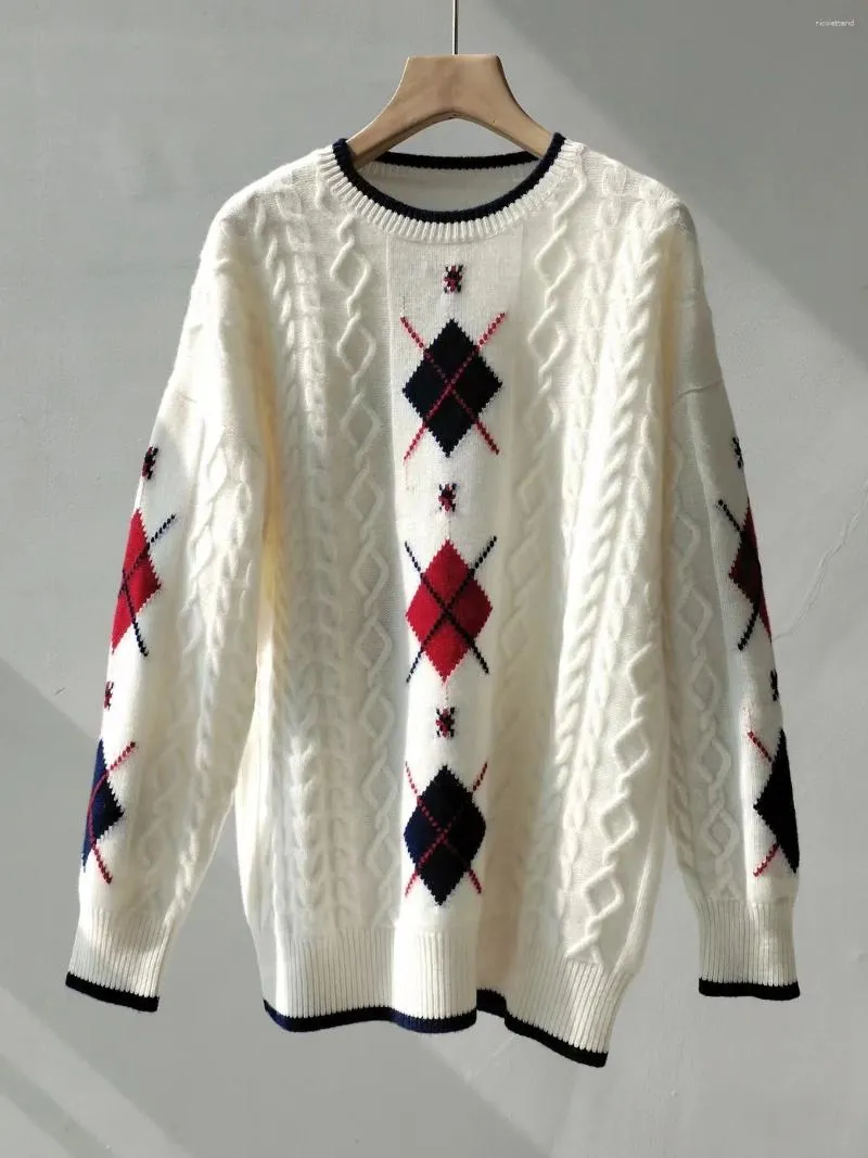 Suéteres femininos High-end suéter de lã inverno jacquard thread francês vintage check mulheres