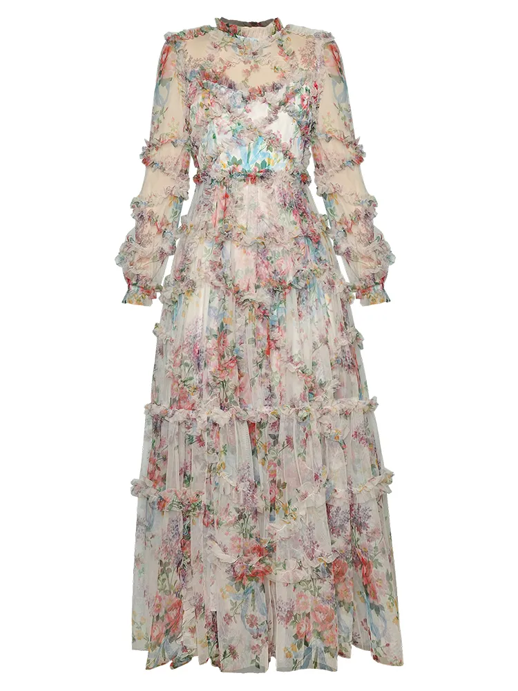 needle and thread floral diamond chiffon dress Needle & Thread Floral Diamond Ruffle Tulle Gown Maxi Topaz Pink NEW with tags