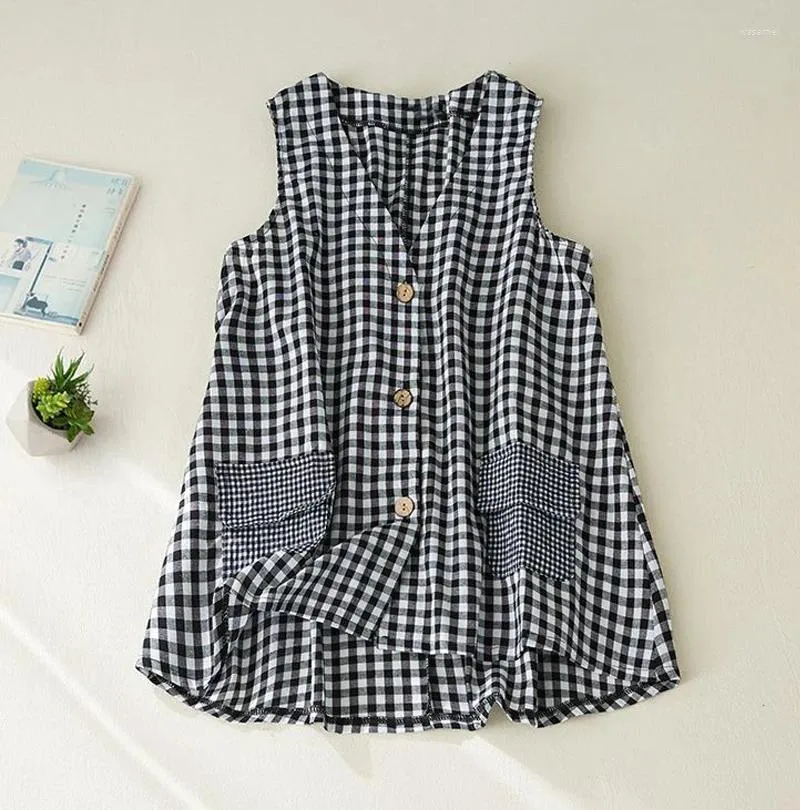 Women's Vests Cotton And Linen Plaid Sleeveless Vest Jacket Spring Summer Korean Style Loose Elegant Casual Top