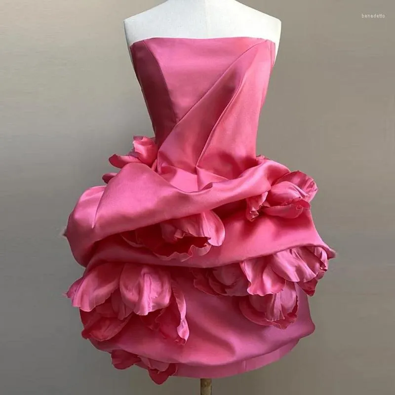 Casual Dresses Strapless Pink Satin Dress Mini Women Clothing Hand Made Flowers Woman Spring Summer 2024 Custom Ruffles Gown