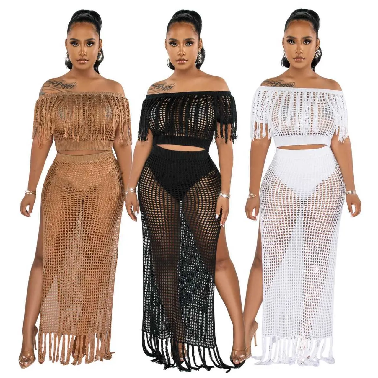 Two Piece Dress Summer Fringe Knitted Womens Ski Set Fashion Two Piece Holiday Beach Clothing Slant Neck Cut Top Split Ski Club Clothing J240202